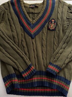 Reformation Olive Cable-Knit V-Neck Sweater with Navy and Red Trim